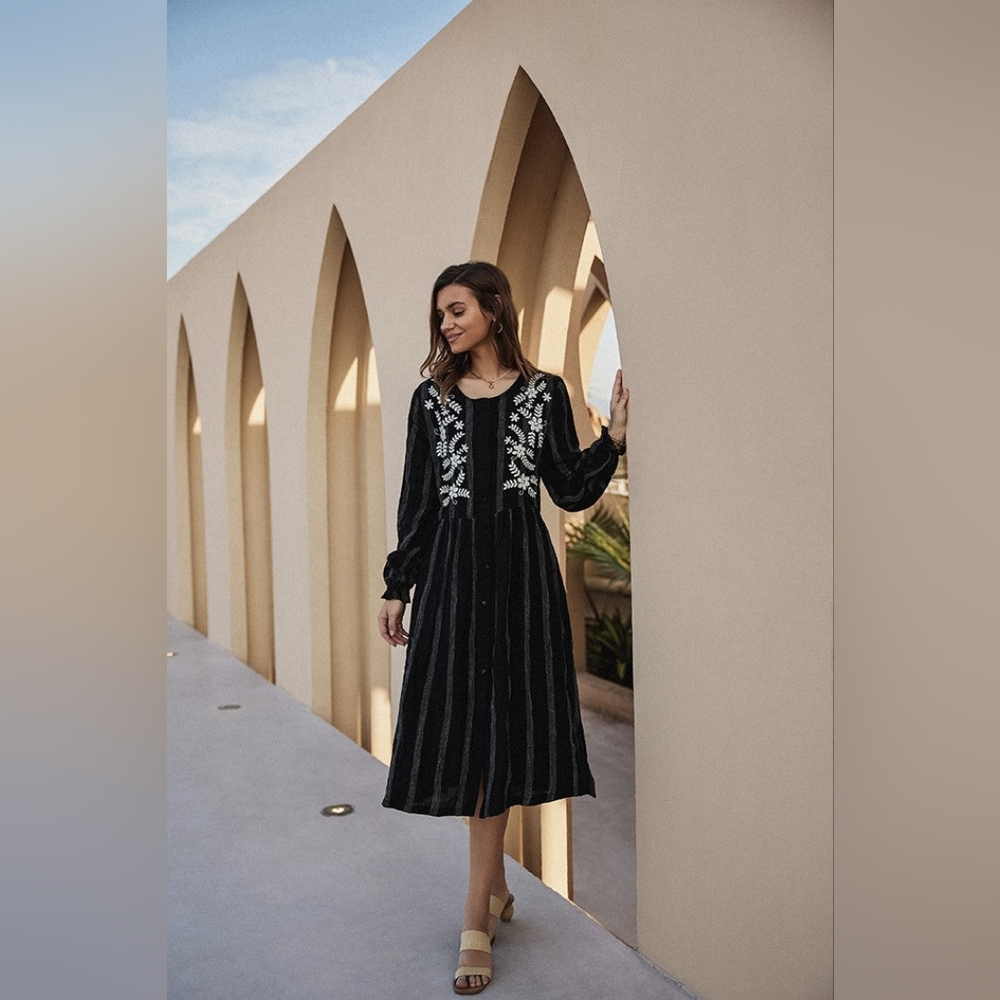 NWT - Flax-Linen Frieeah Boutique Embroidered Black Midi Shirtdress - Size XL - Picture 3 of 8